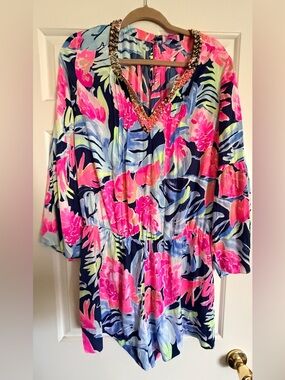 Lilly Pulitzer Pink, Blue and Lime Floral Romper with Embellished Neckline